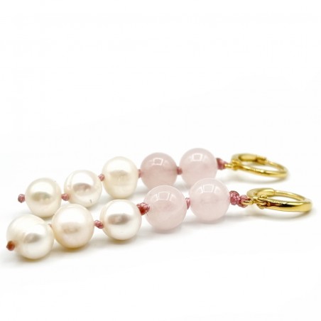 Longues Boucles d’Oreilles en Plaqué Or 3 Microns perles de culture et quartz rose – MarlaH