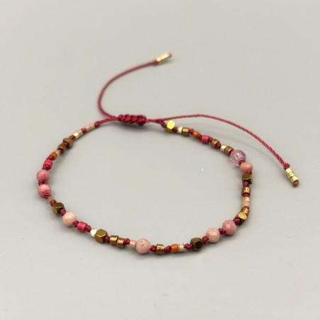 Bracelet HIPPY noué bordeaux avec Rhodonite